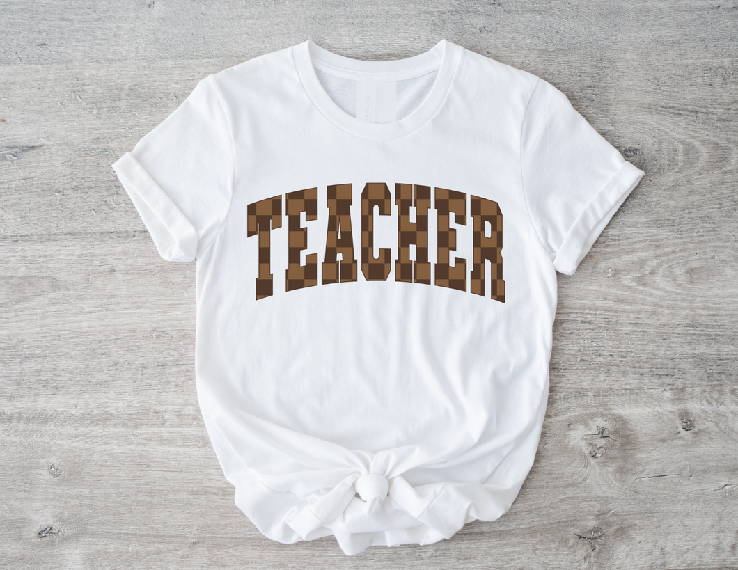 Retro Brown Checkered TEACHER Tee